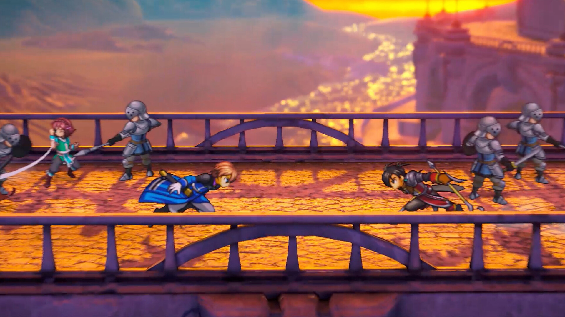Fighters clash across a bridge at sunset.