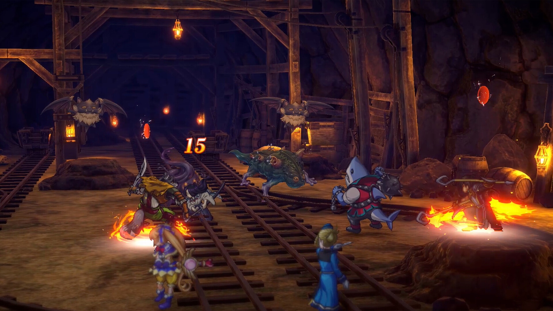 A party battles creatures on the tracks of a dark mine.