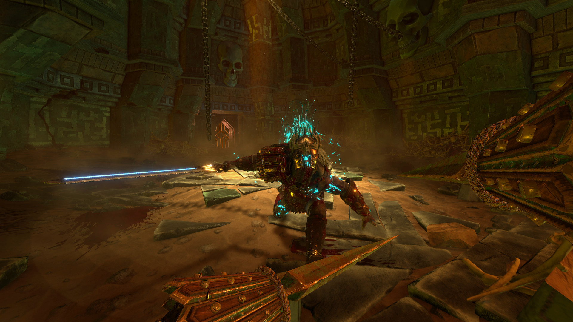 The player fights an armoured enemy in a stone chamber.