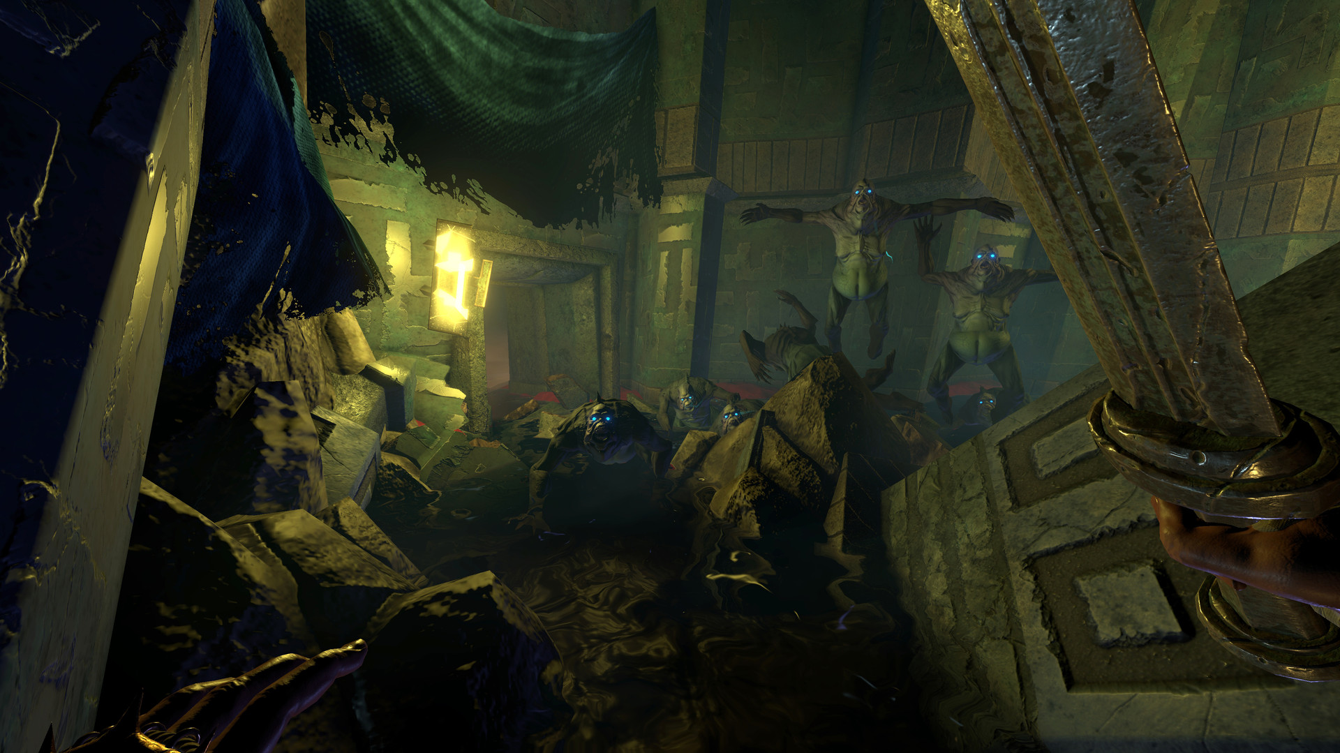 A sword points down a dim passage strewn with rubble.