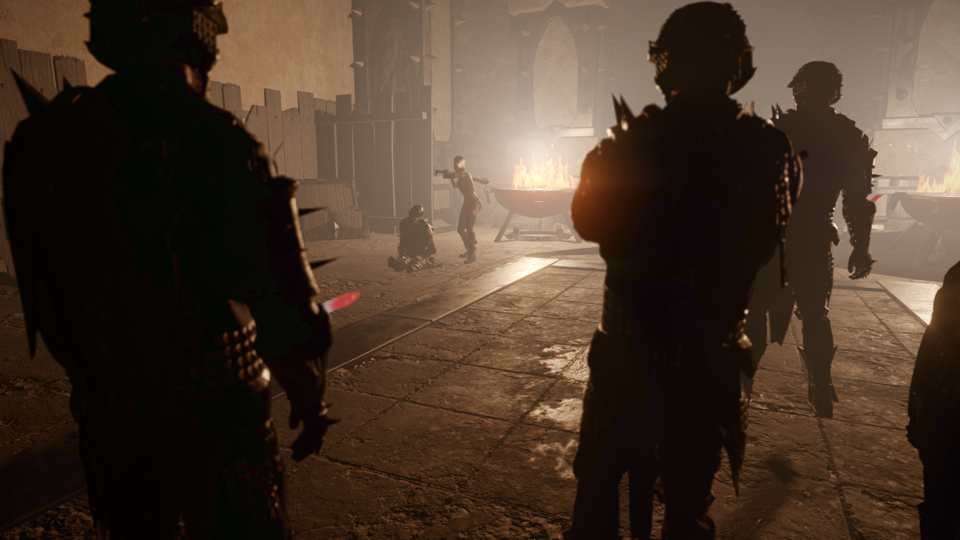 Armored figures gather inside a backlit hall.