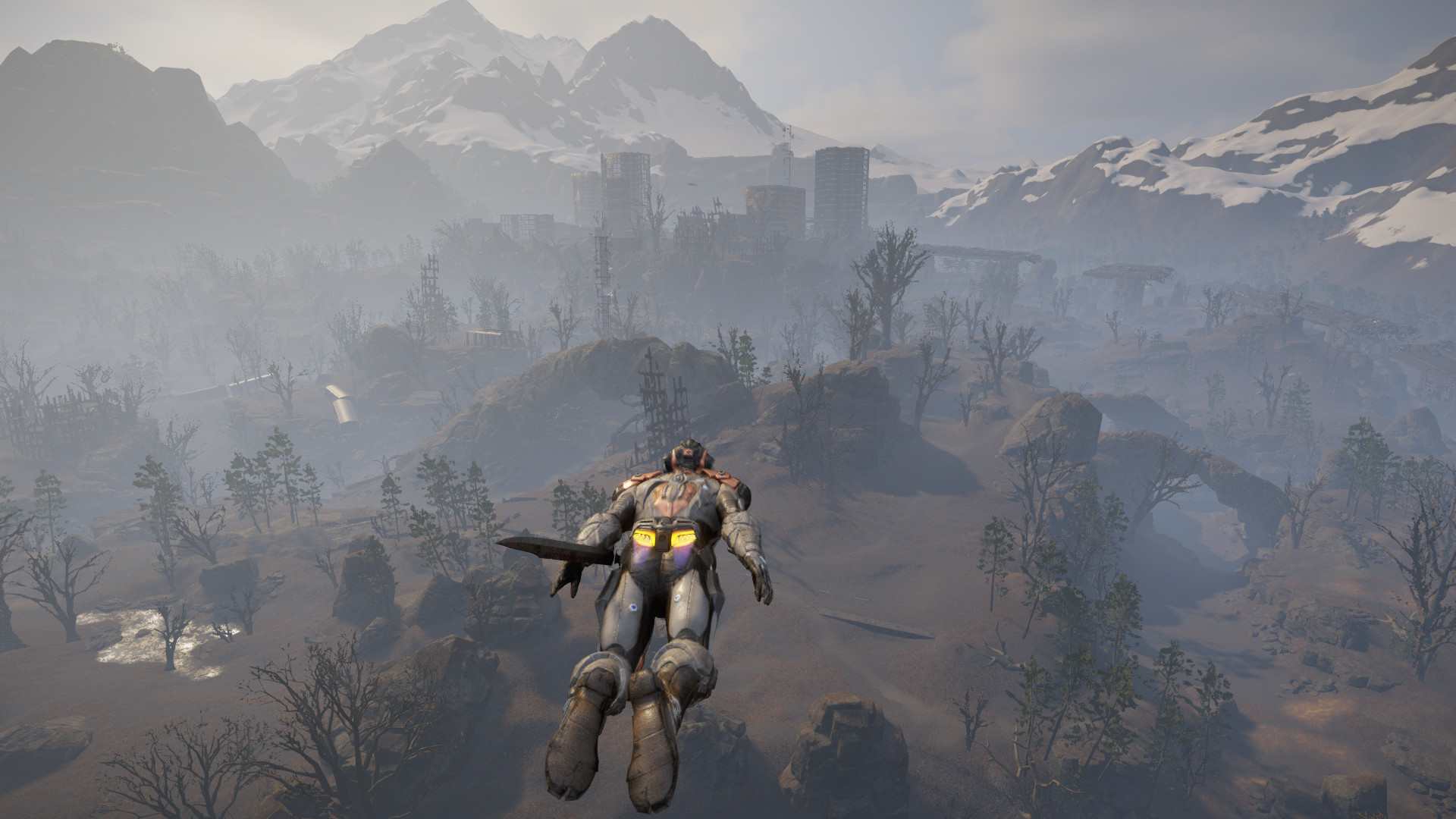 Jax uses a jetpack above Magalan’s snowy landscape.