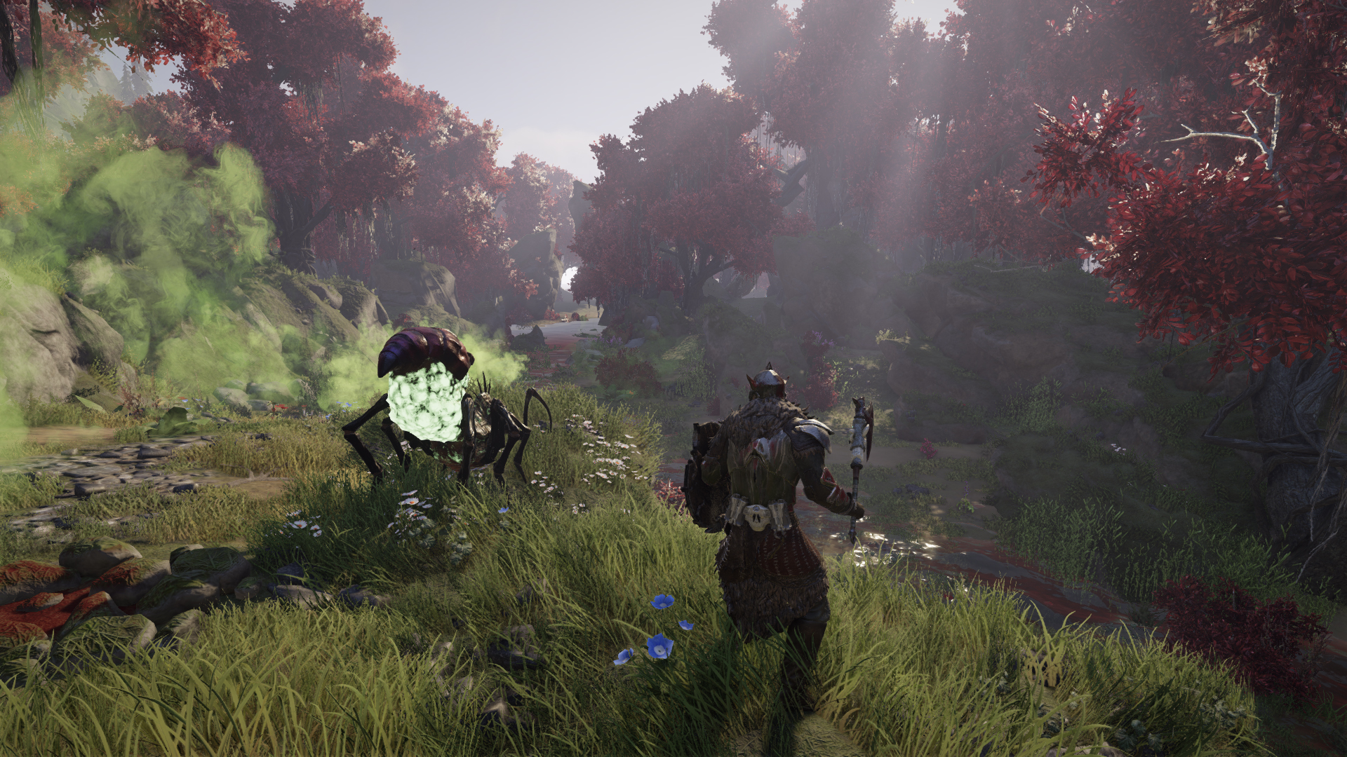 A traveler confronts a creature along a forest path.