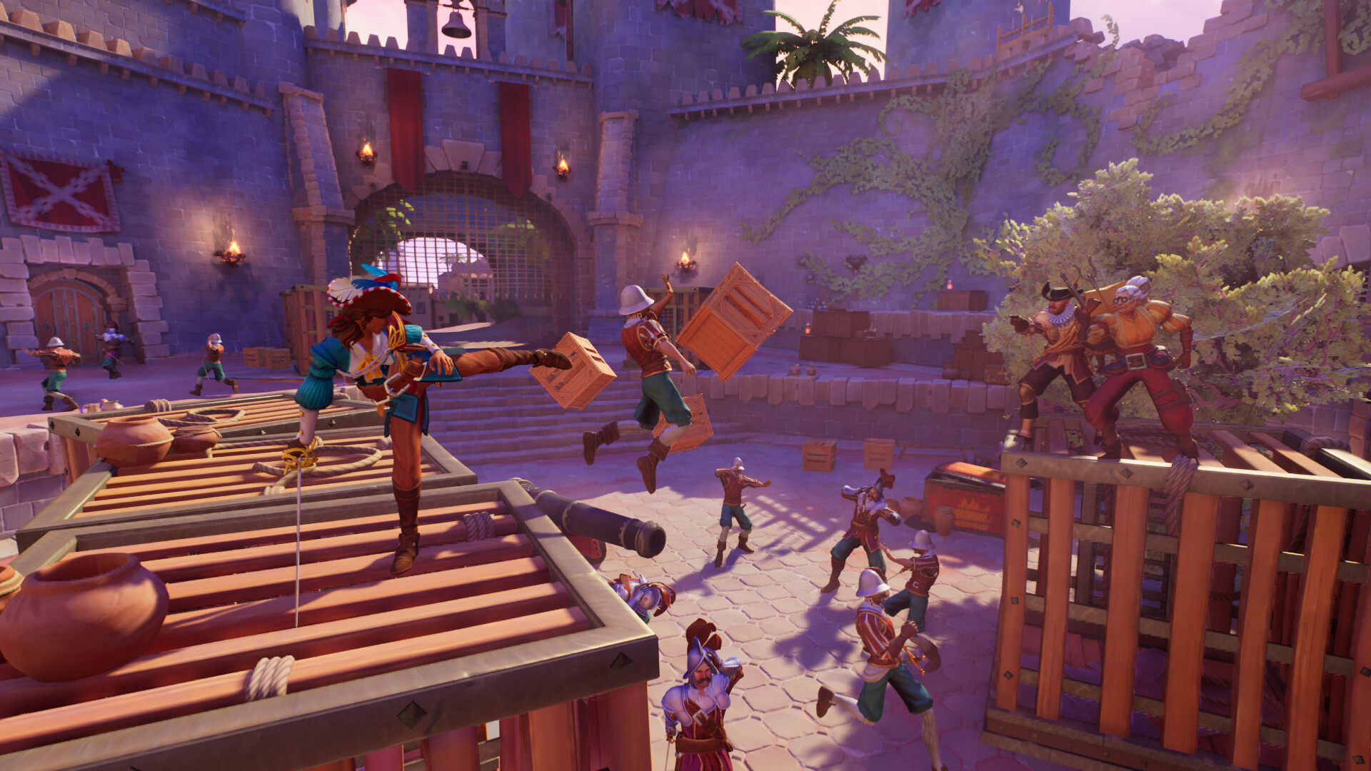 Adalia fights a group of guards among crates and platforms.