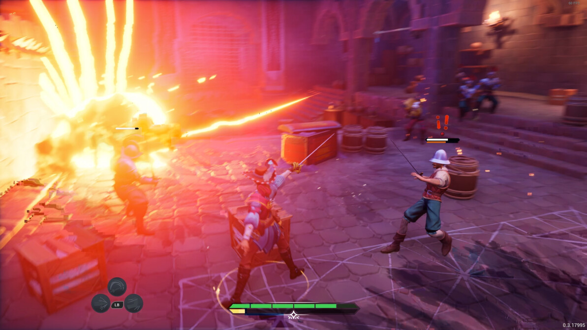 A bright explosion interrupts a courtyard duel.