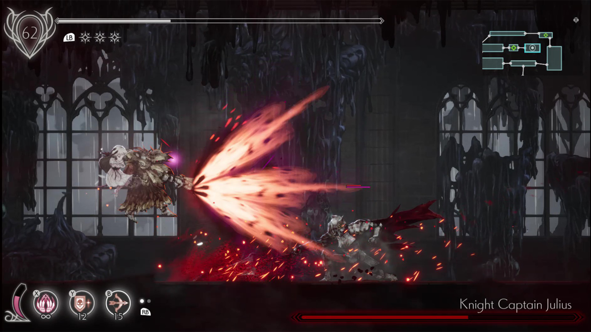 Lily and a spirit face Knight Captain Julius in a ruined hall.
