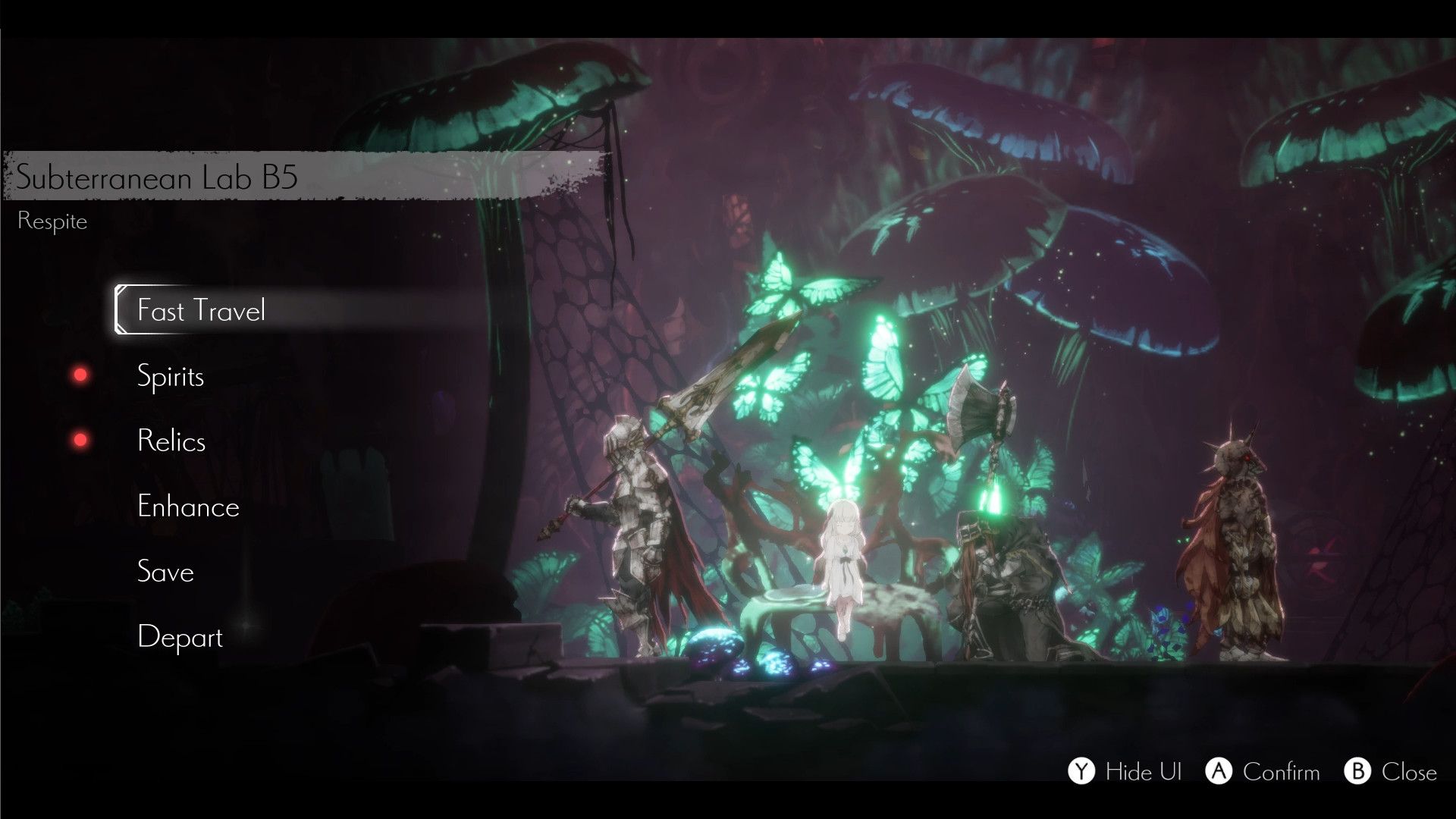 Lily rests among glowing butterflies while the respite menu is open.