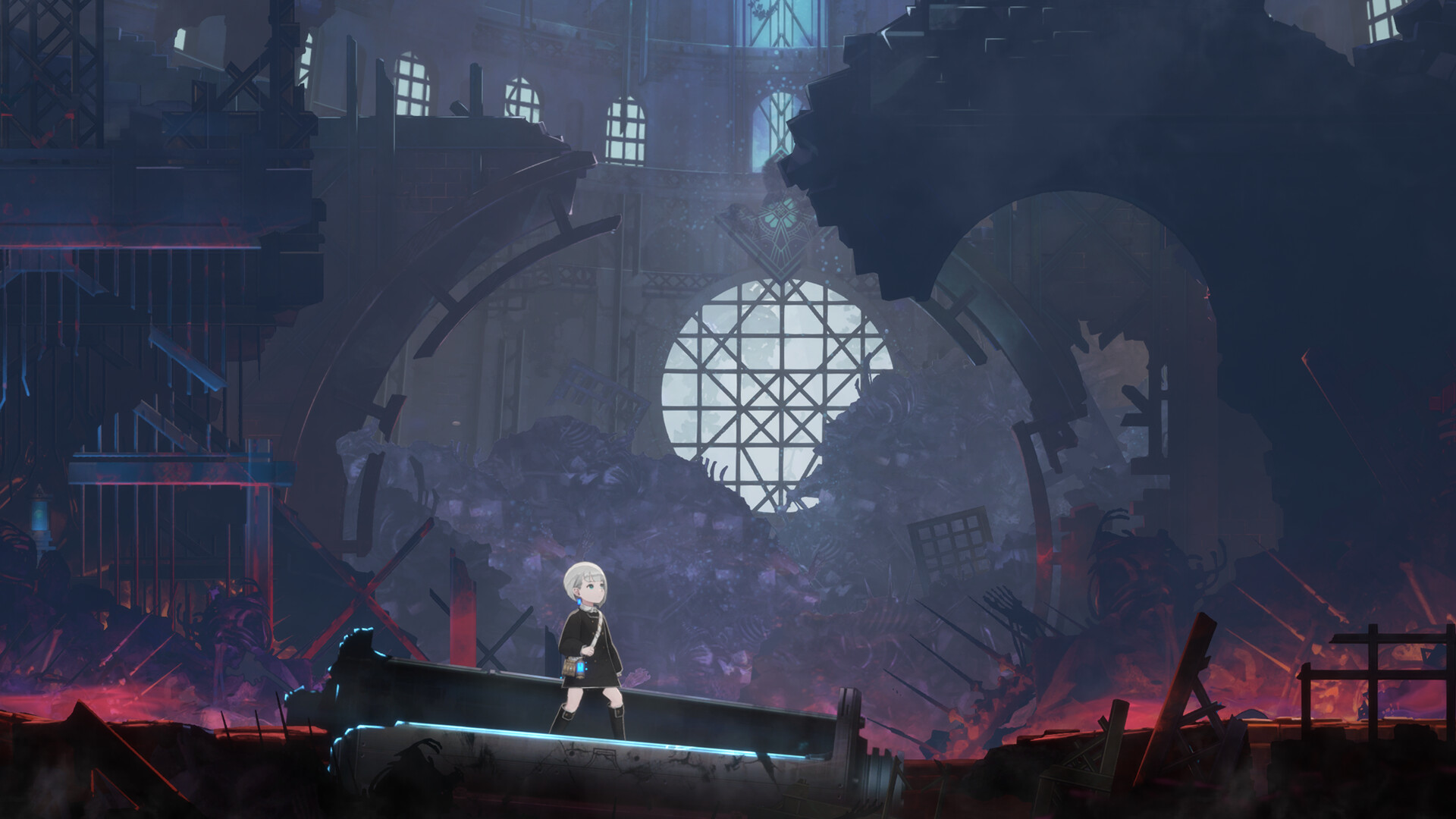 Lilac walks through the ruins of a vast, dimly lit building.