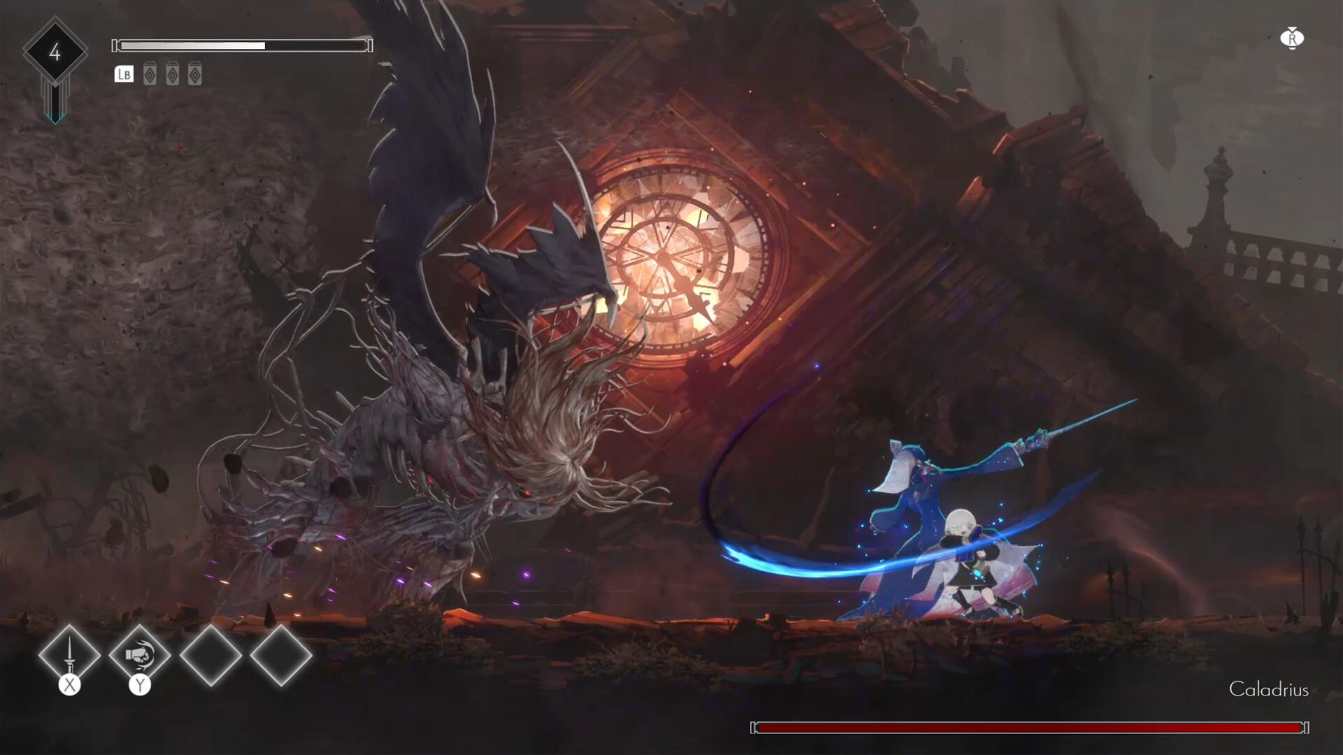 Lilac and a companion fight a winged creature beneath a broken clock.