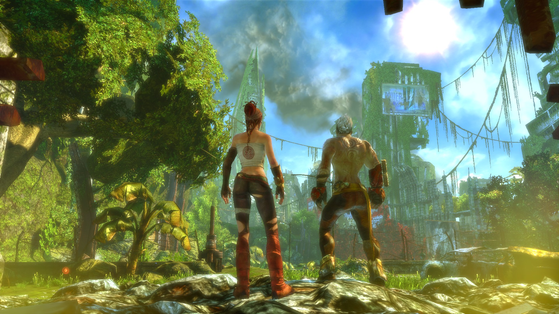 Monkey and Trip look toward a ruined structure reclaimed by greenery.