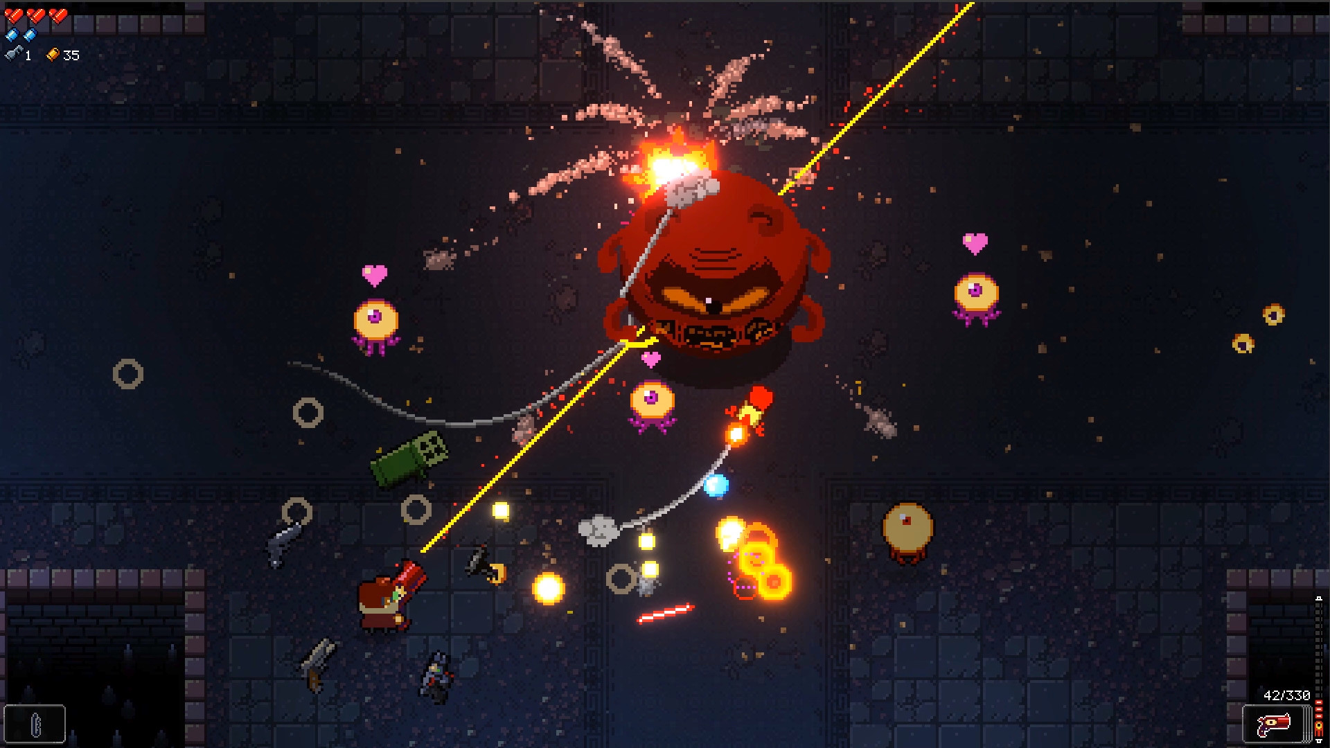 A Gungeoneer dodges bullets from a large foe inside the dungeon.