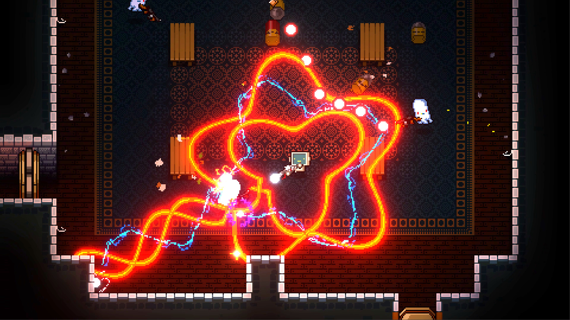 Bright projectile trails fill a Gungeon combat room.
