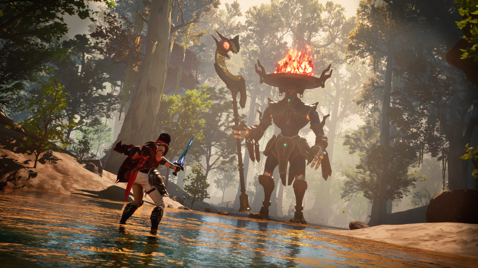 A fighter faces a towering, fire-topped creature in a forest stream.