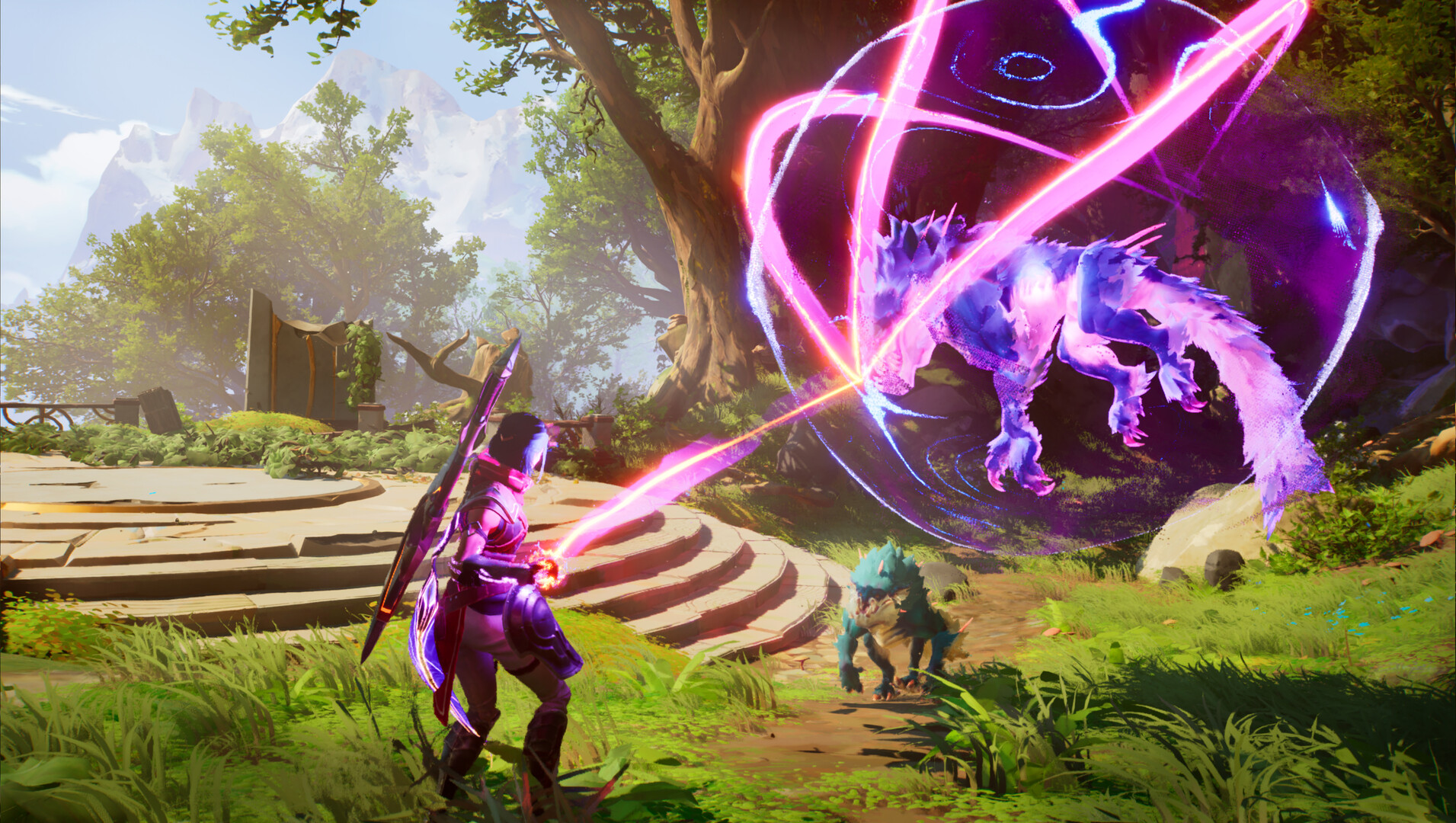 A fighter casts purple magic toward an airborne creature.