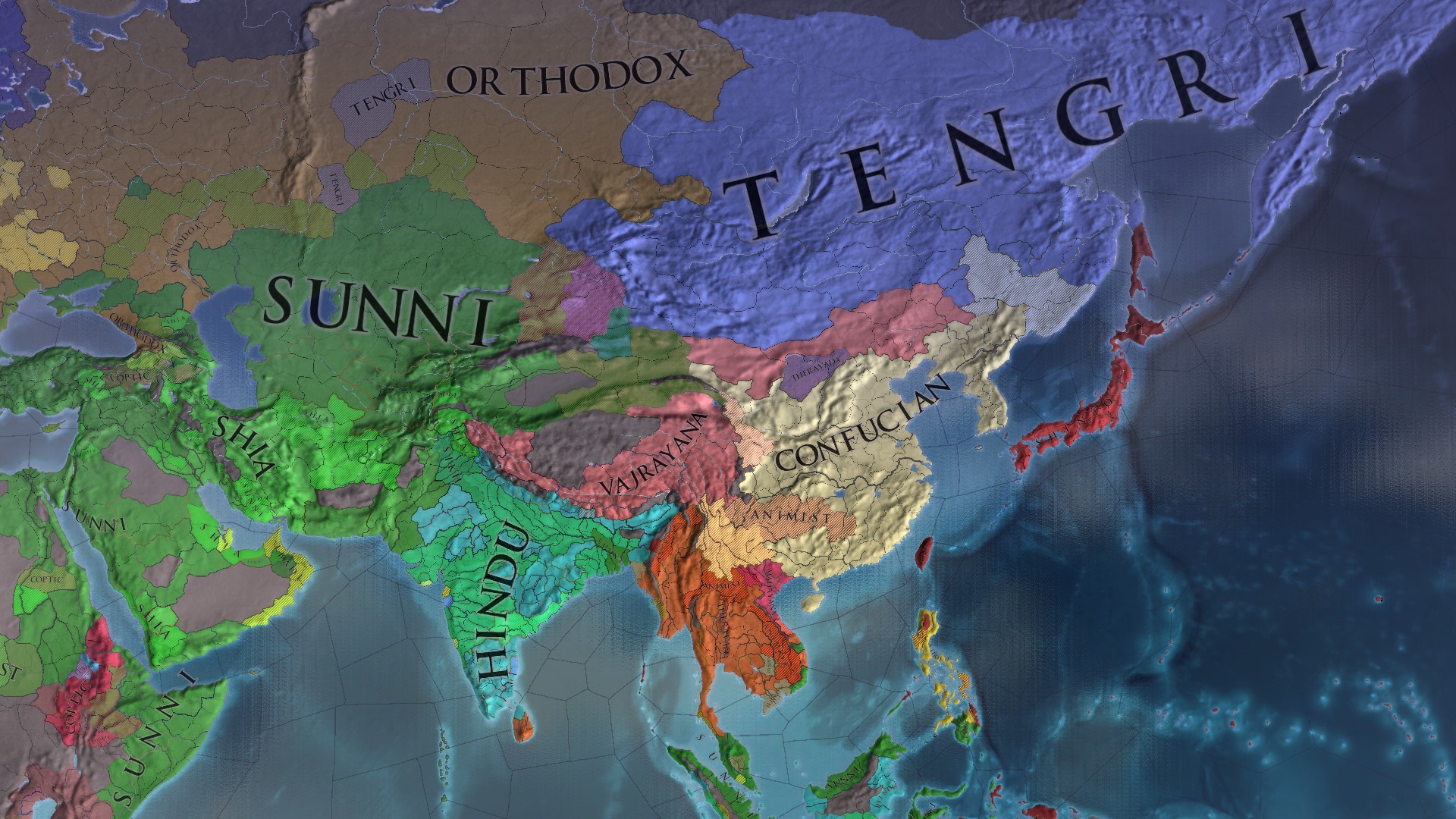A political map shows countries and religions across Asia in Europa Universalis IV.