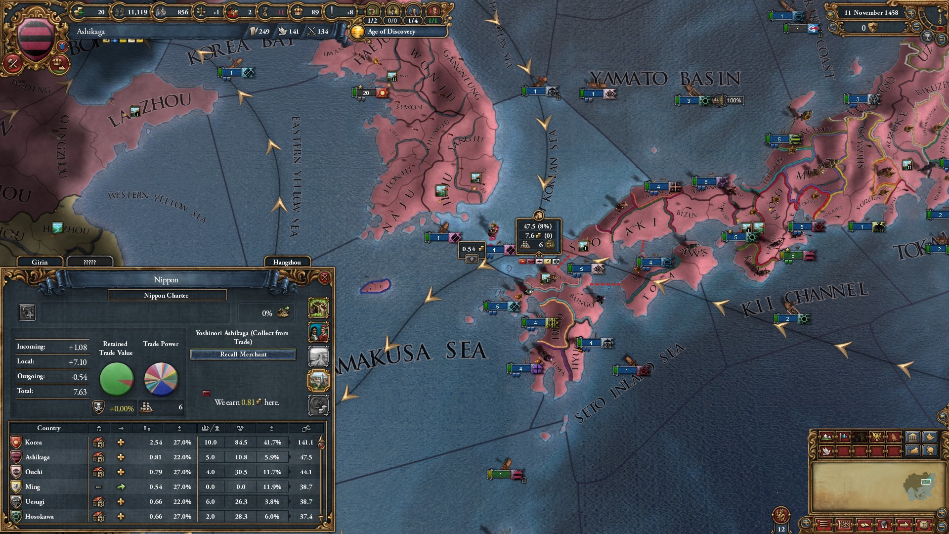 The trade interface overlays a map of Japan and Korea.