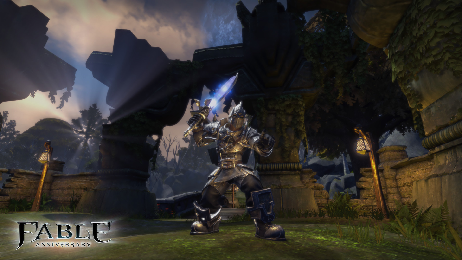 An armoured Hero raises a glowing sword beneath a stone arch.