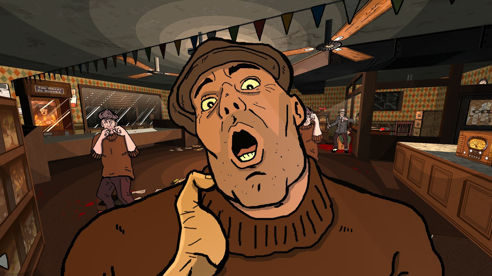 A comic-styled opponent recoils inside a room full of enemies.