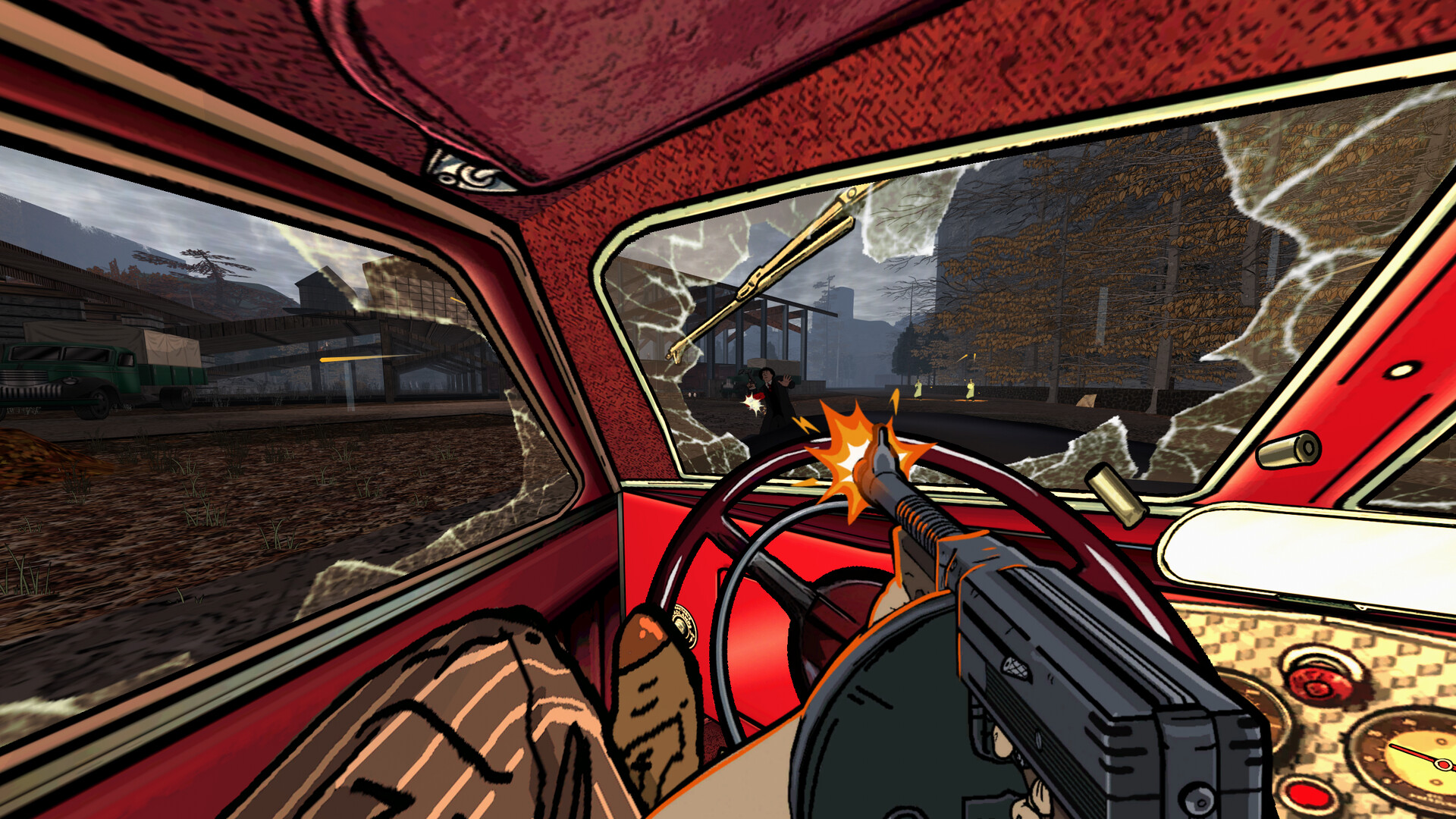 The player fires from inside a car through a cracked windshield.