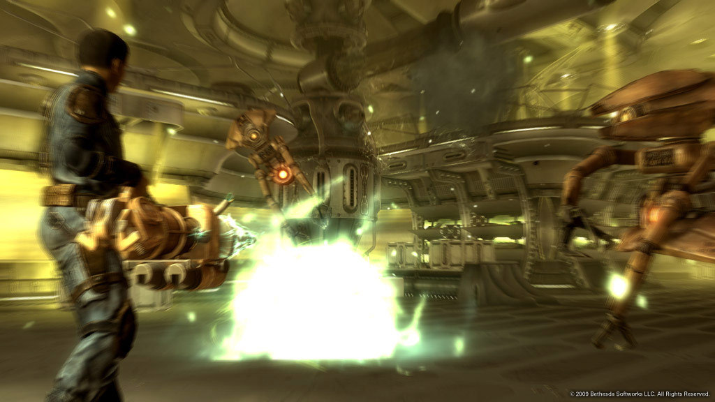 A survivor confronts robotic threats inside an industrial space.