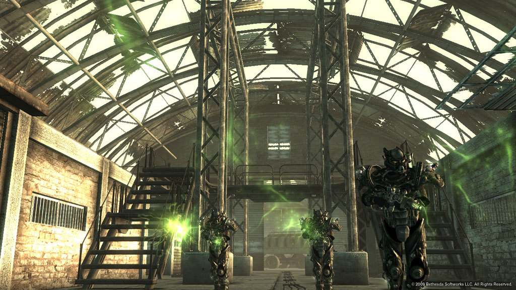 Power-armoured soldiers move through a damaged building.