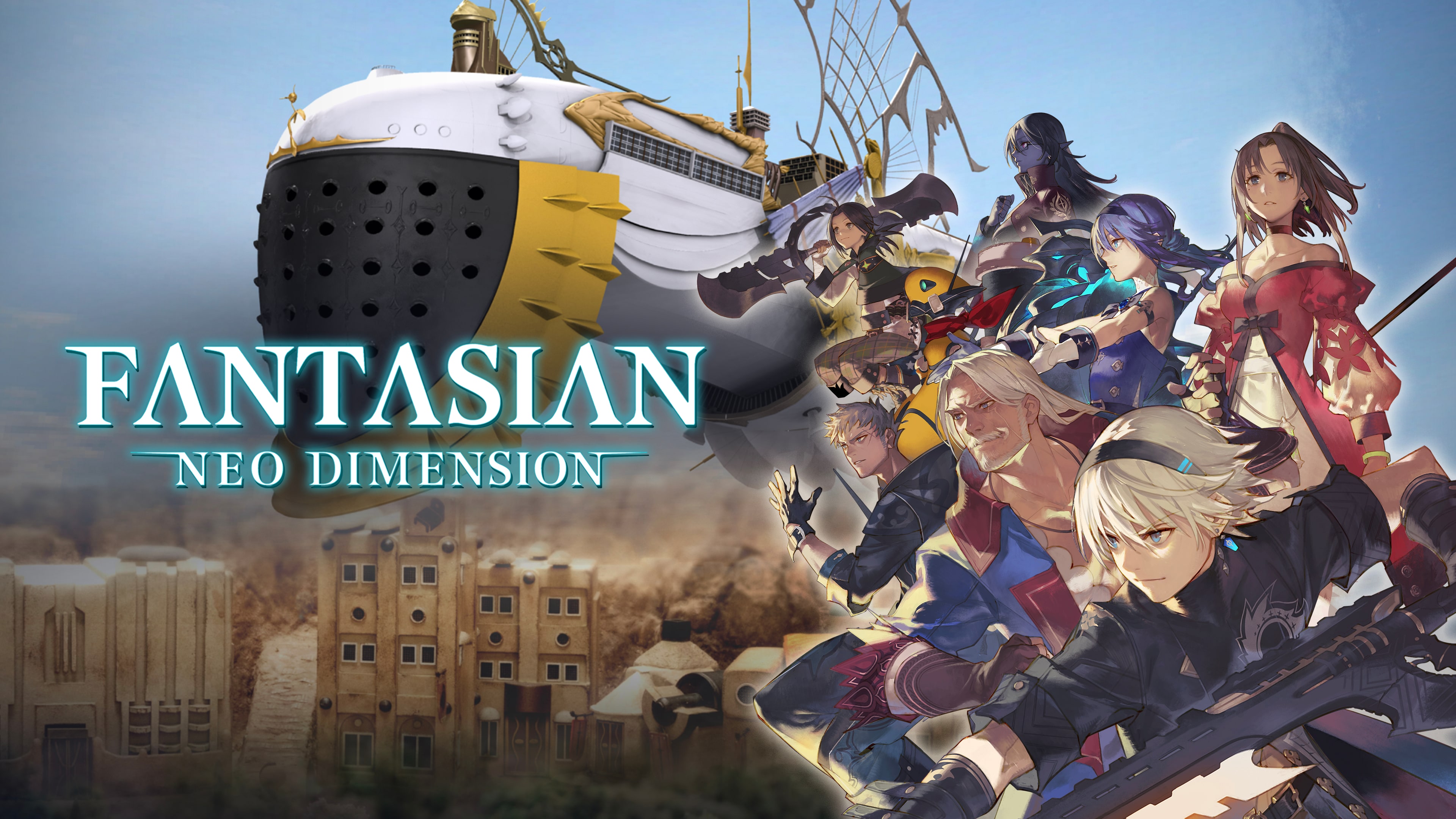 The party of FANTASIAN Neo Dimension over a miniature-style town.