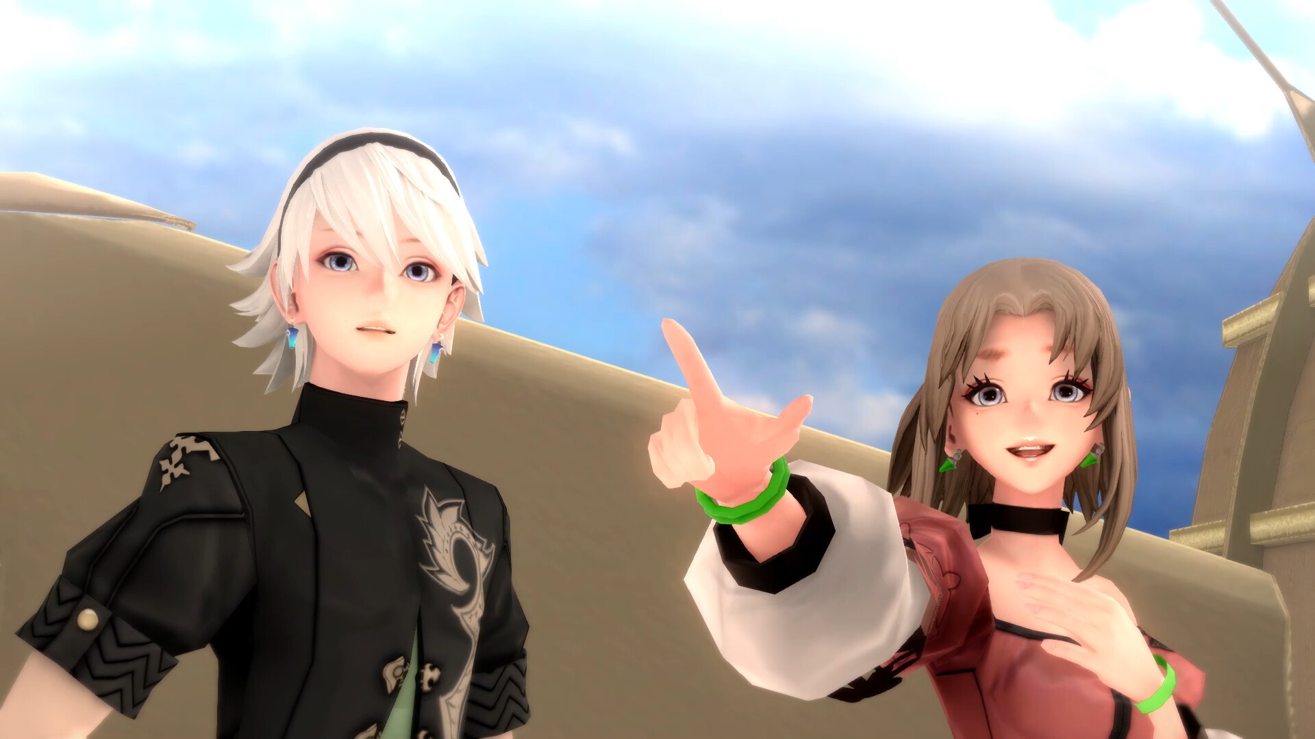 Two characters look out from a bright overlook.