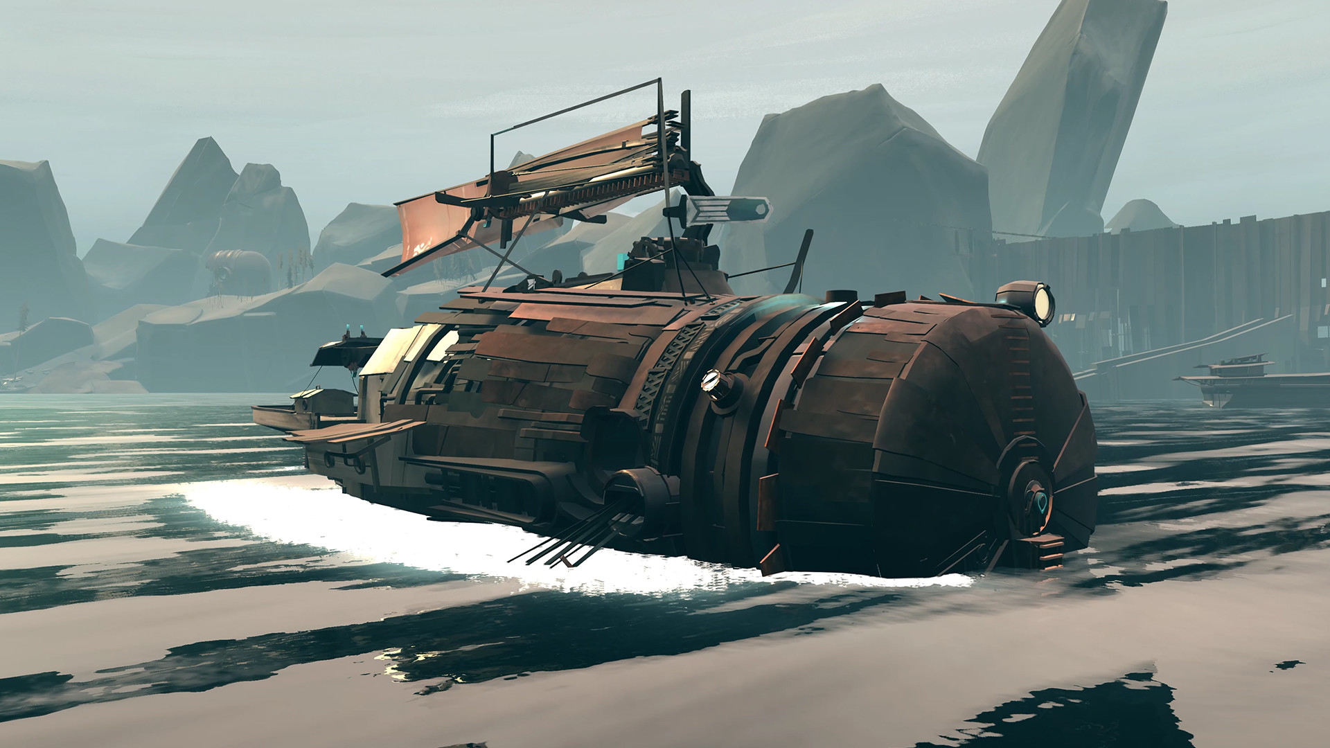 A rust-colored ship travels across water near rocky ruins.