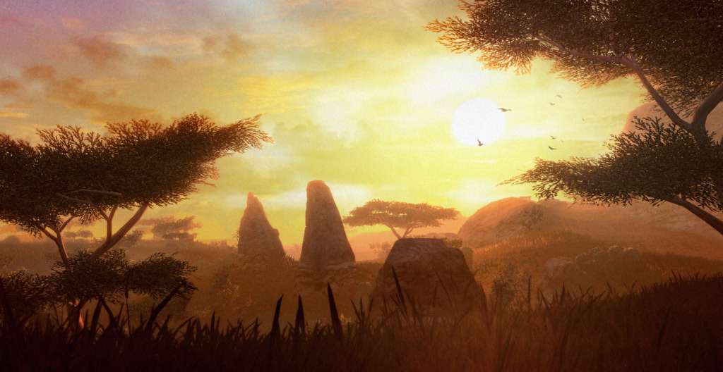Sunset falls across an open African savanna.