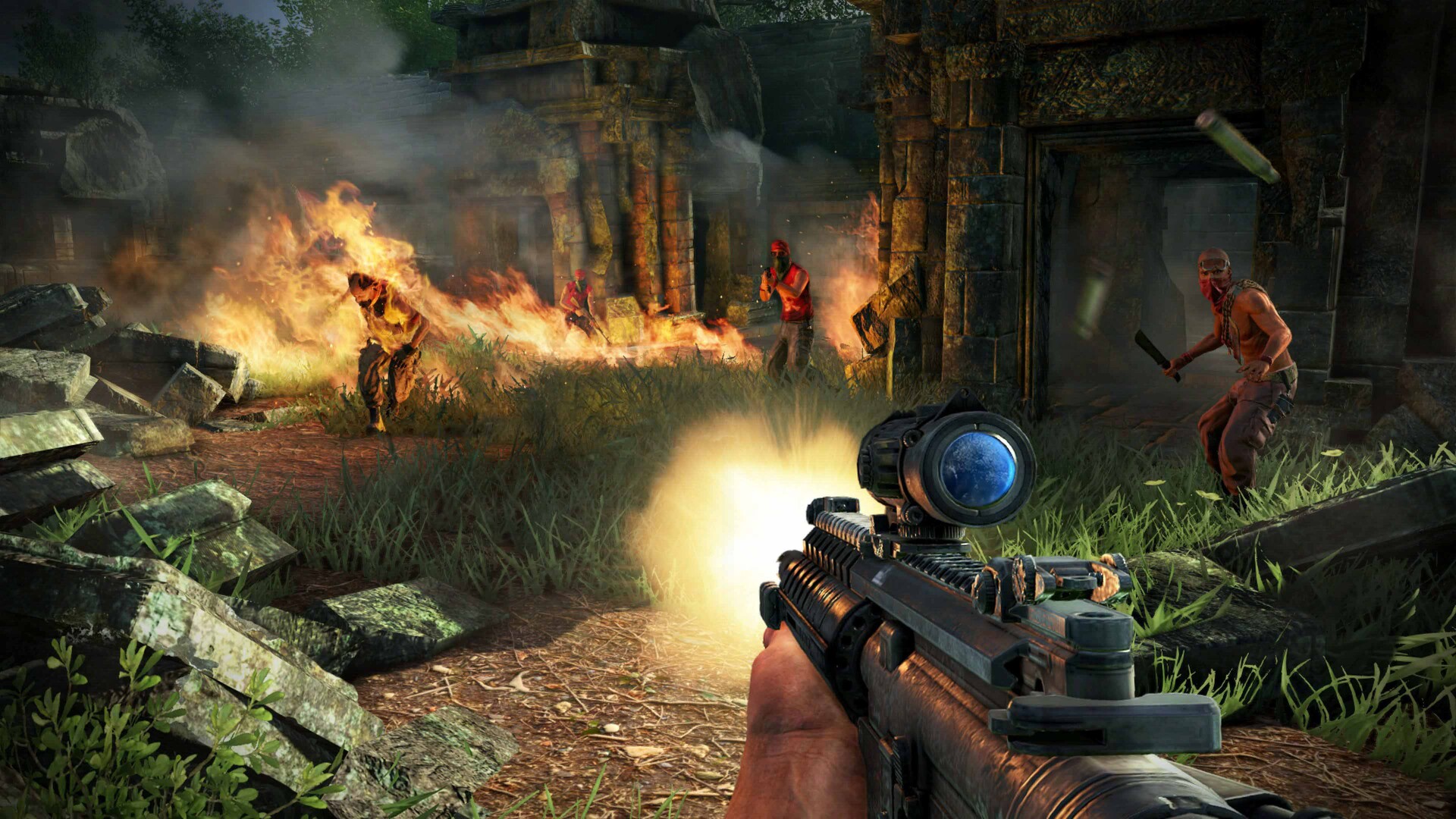 The player aims through a burning enemy area on the Rook Islands.