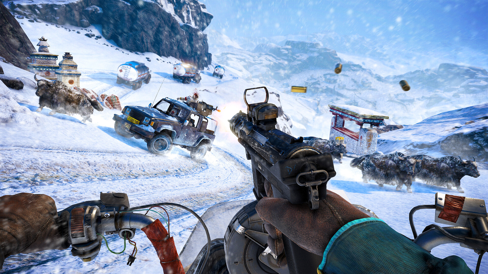 A first-person firefight unfolds on a snowy Kyrat road.