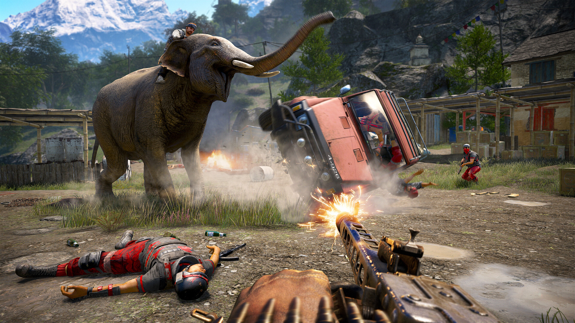 An elephant overturns a vehicle during a fight in Kyrat.