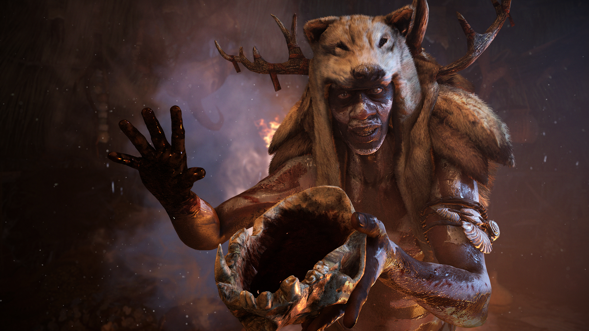 A Wenja hunter wearing an animal pelt holds a skull.