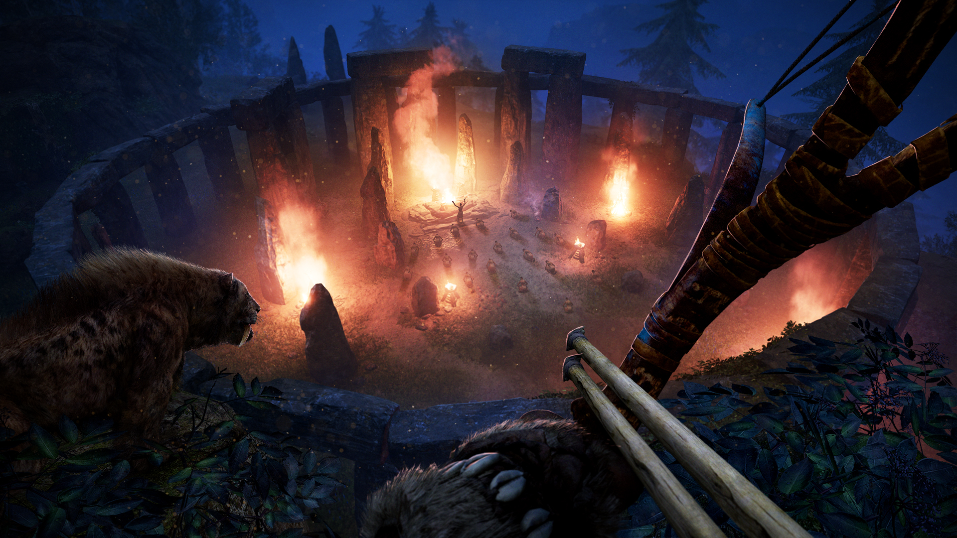 Takkar approaches a firelit enemy camp with a bow.