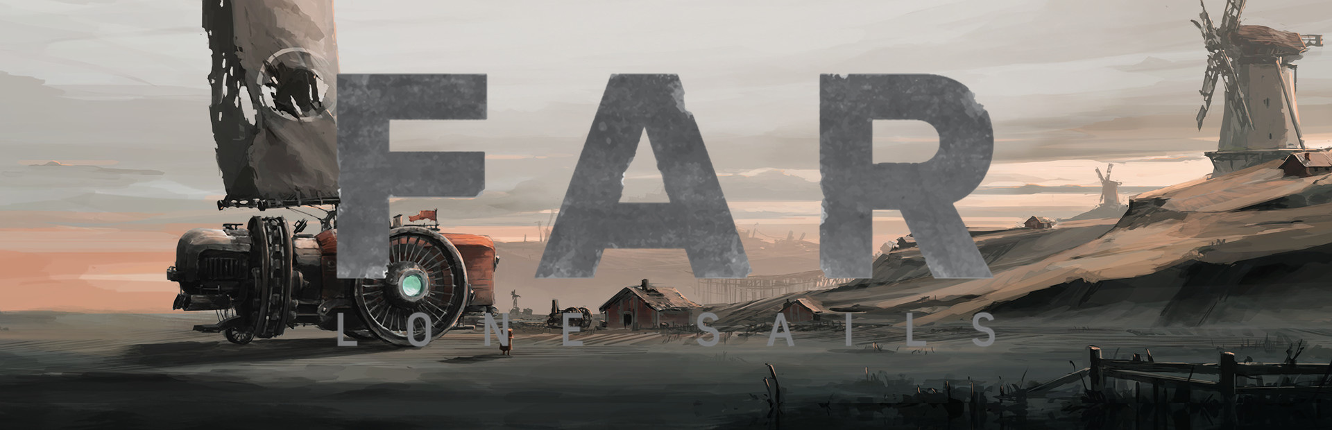 Official Steam library artwork shows the FAR: Lone Sails title beside its land vessel on a dried seabed.