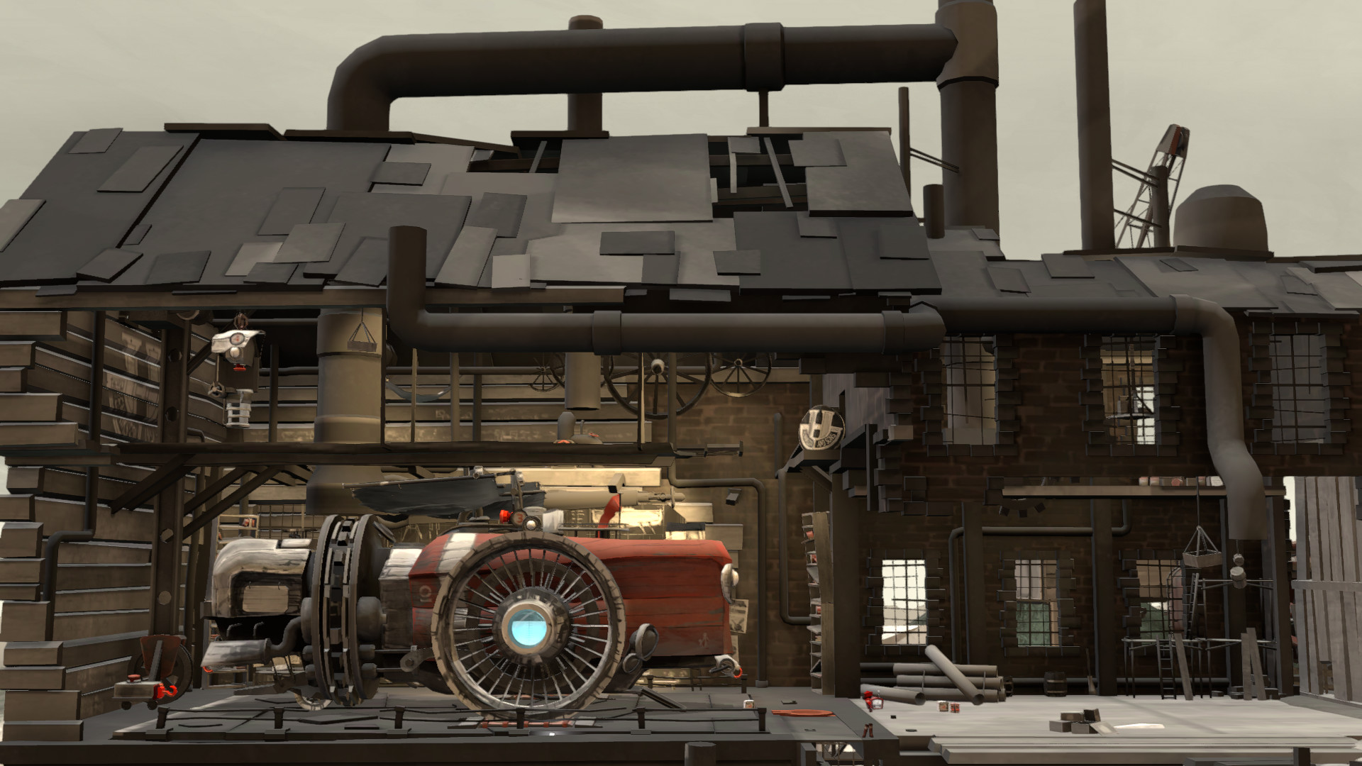 The red land vessel passes beside an industrial building.