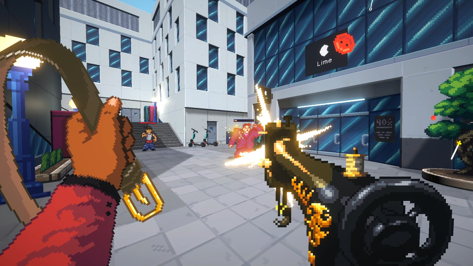 The player aims a golden firearm across a city plaza.