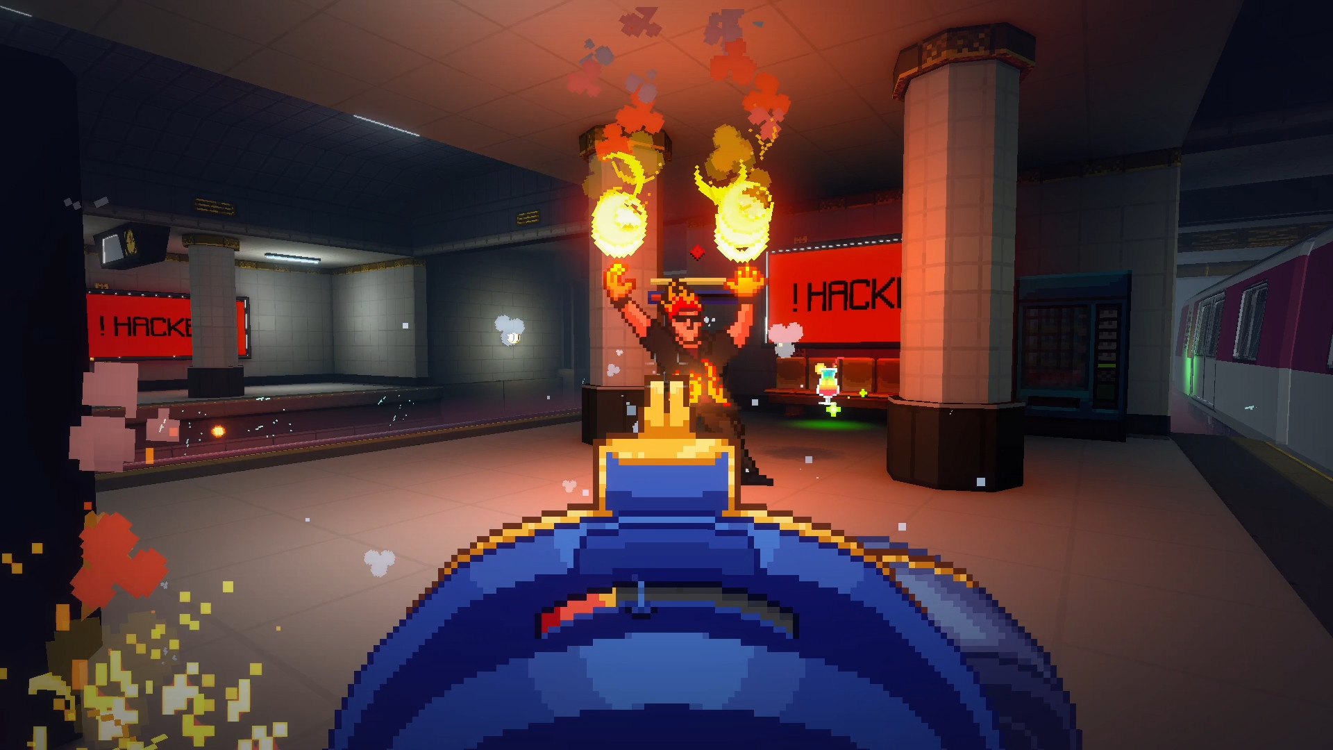 The player faces a fiery enemy inside a station.