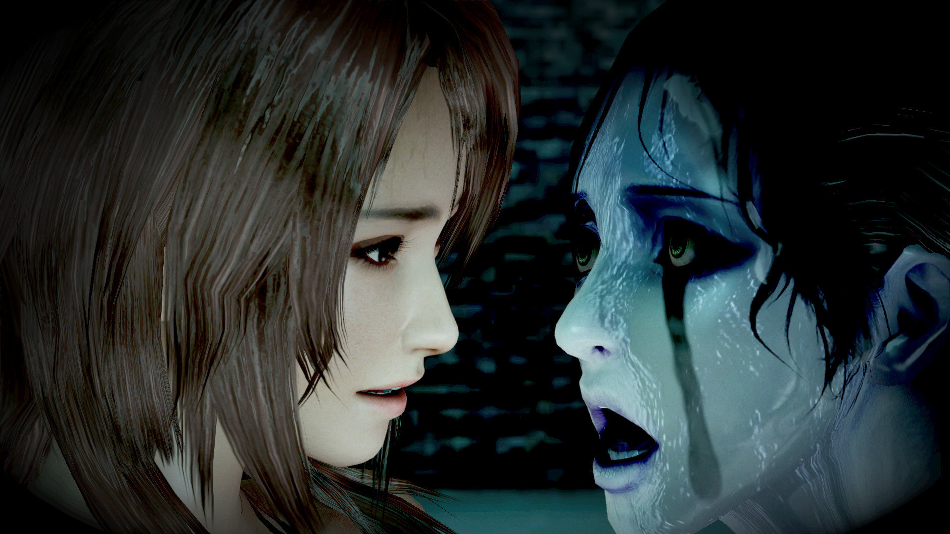 A woman and a ghost face each other at close range.