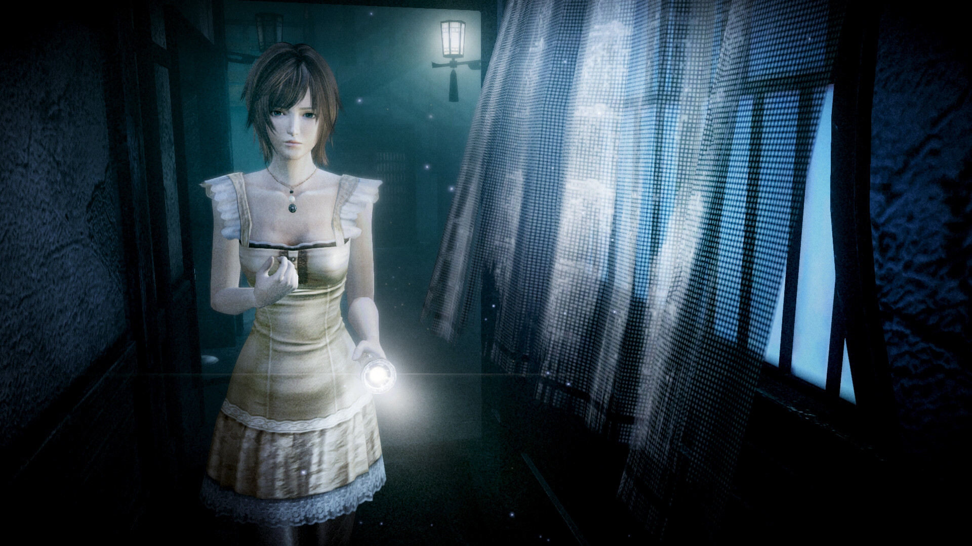 A young woman holds a flashlight in a dim corridor.