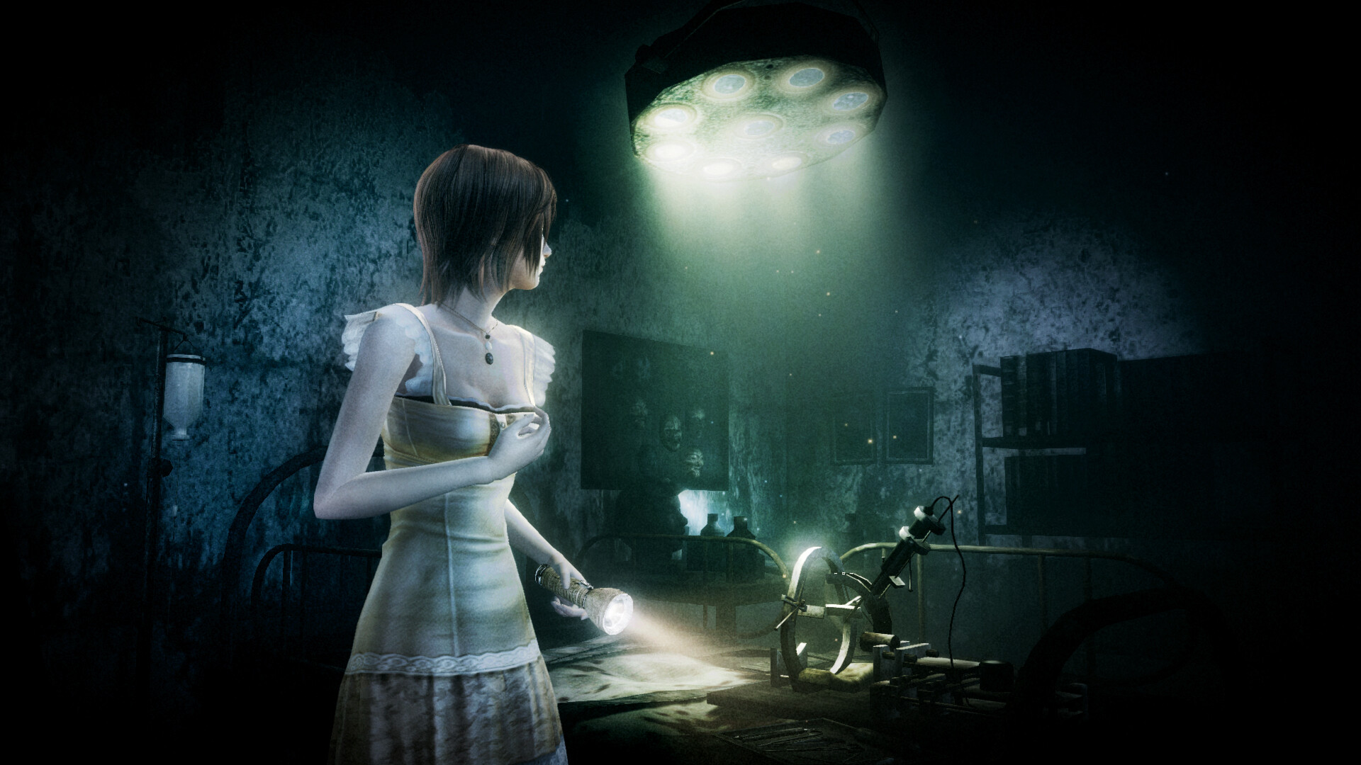 The same woman faces a shadowed room under a ceiling lamp.