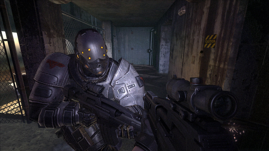 An armored enemy advances inside a dark corridor.