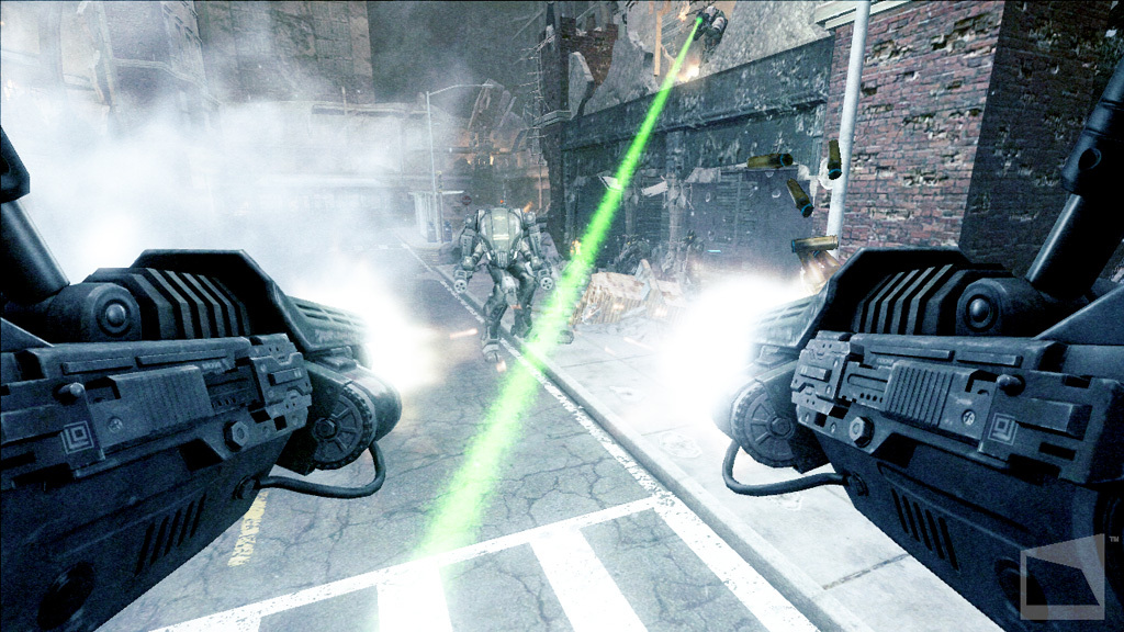 Weapons fire across a damaged street from a heavy combat vehicle.