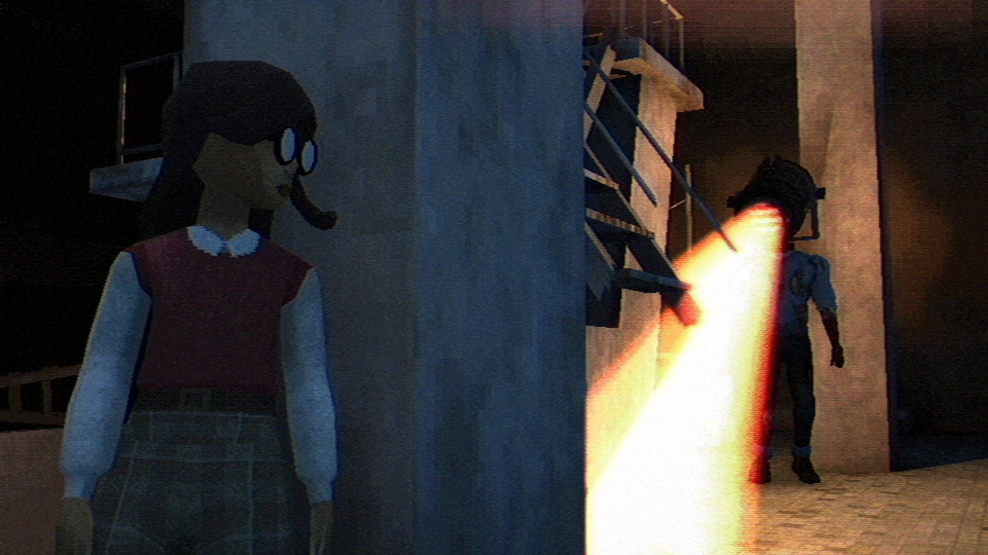 Vivian avoids a beam of light inside the school.