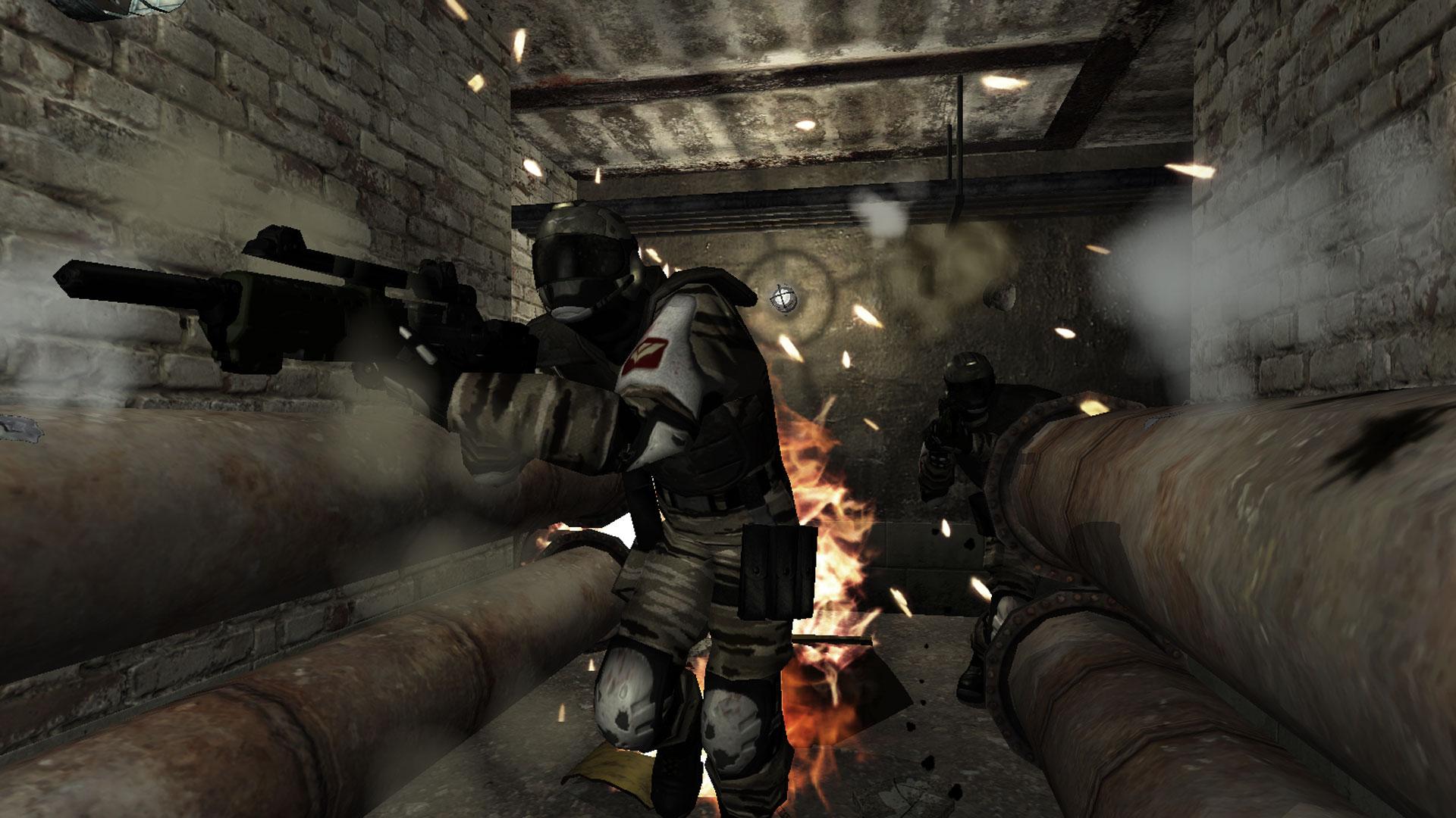 An armed opponent fires inside an industrial tunnel.