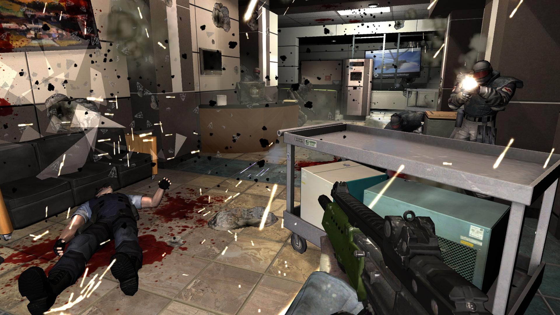 Gunfire and debris fill a laboratory firefight.