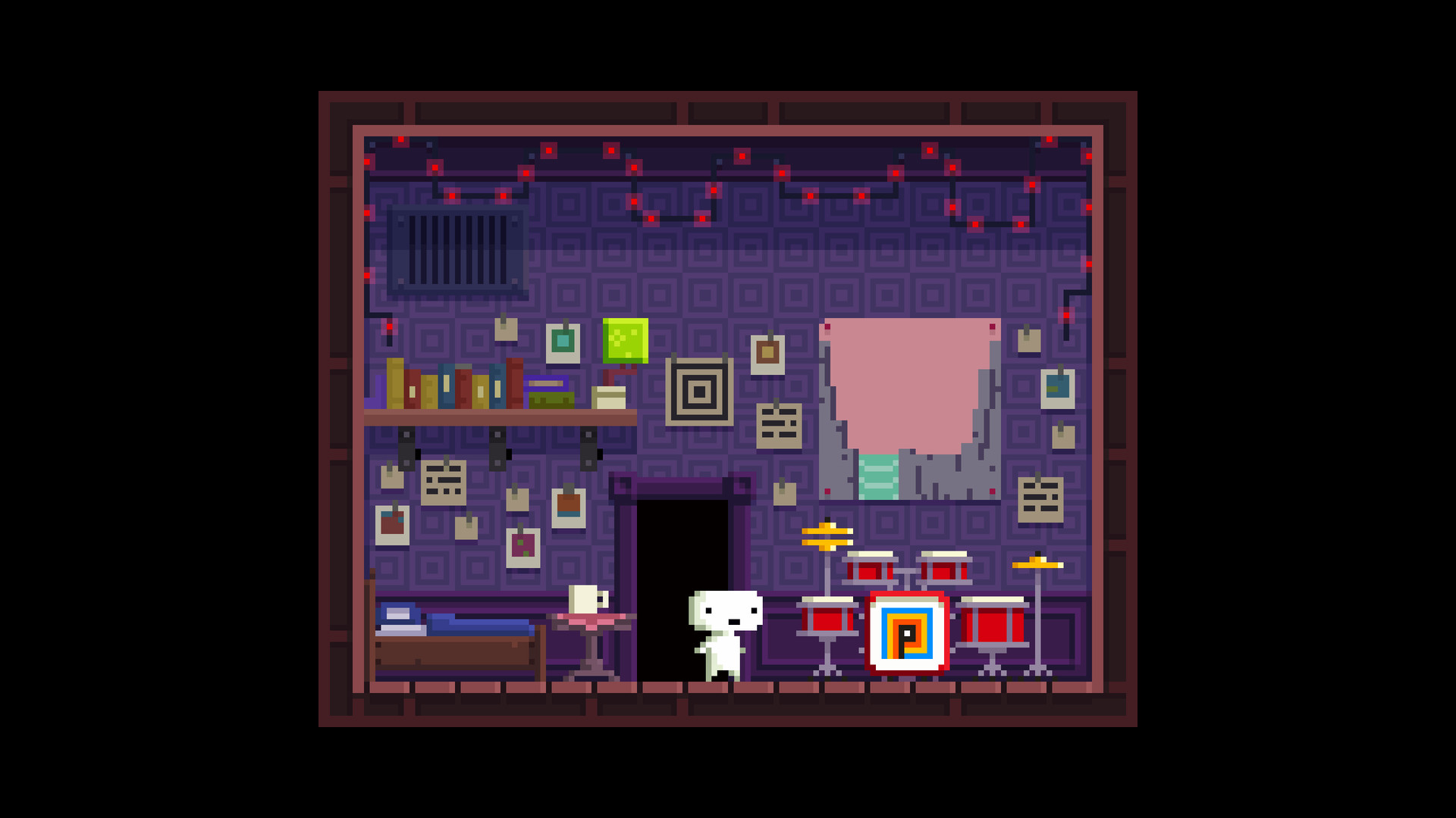 Gomez stands inside a pixel-art room beside a puzzle block.
