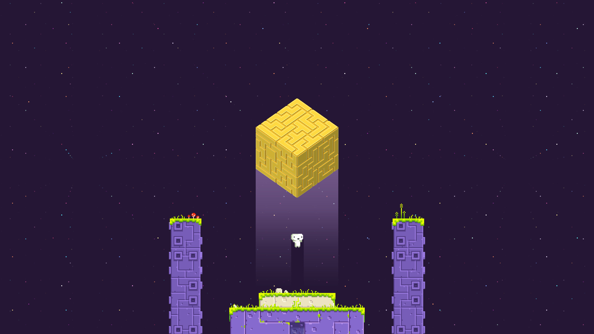 Gomez floats beneath a golden cube in a dark sky.