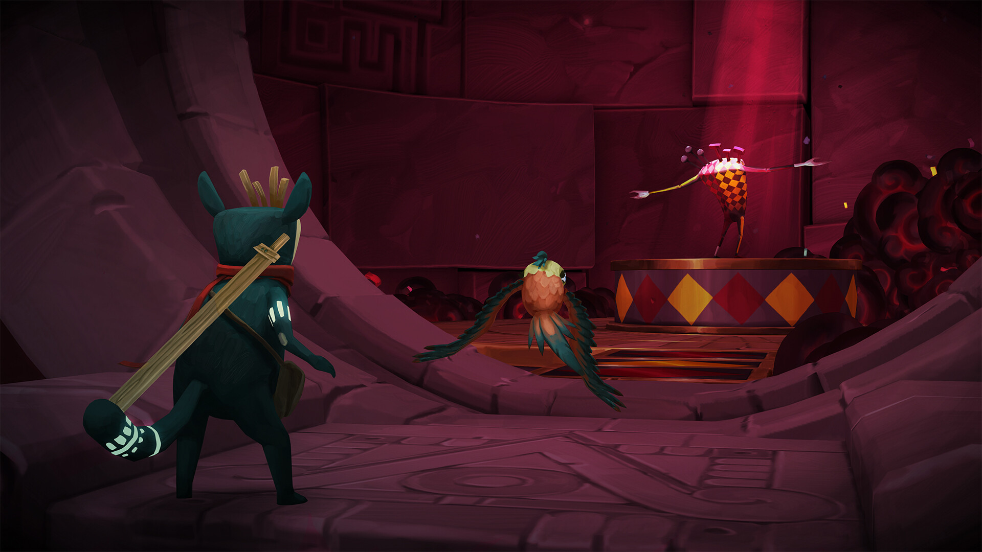 Dusty and Piper face a patterned foe in a dark chamber.