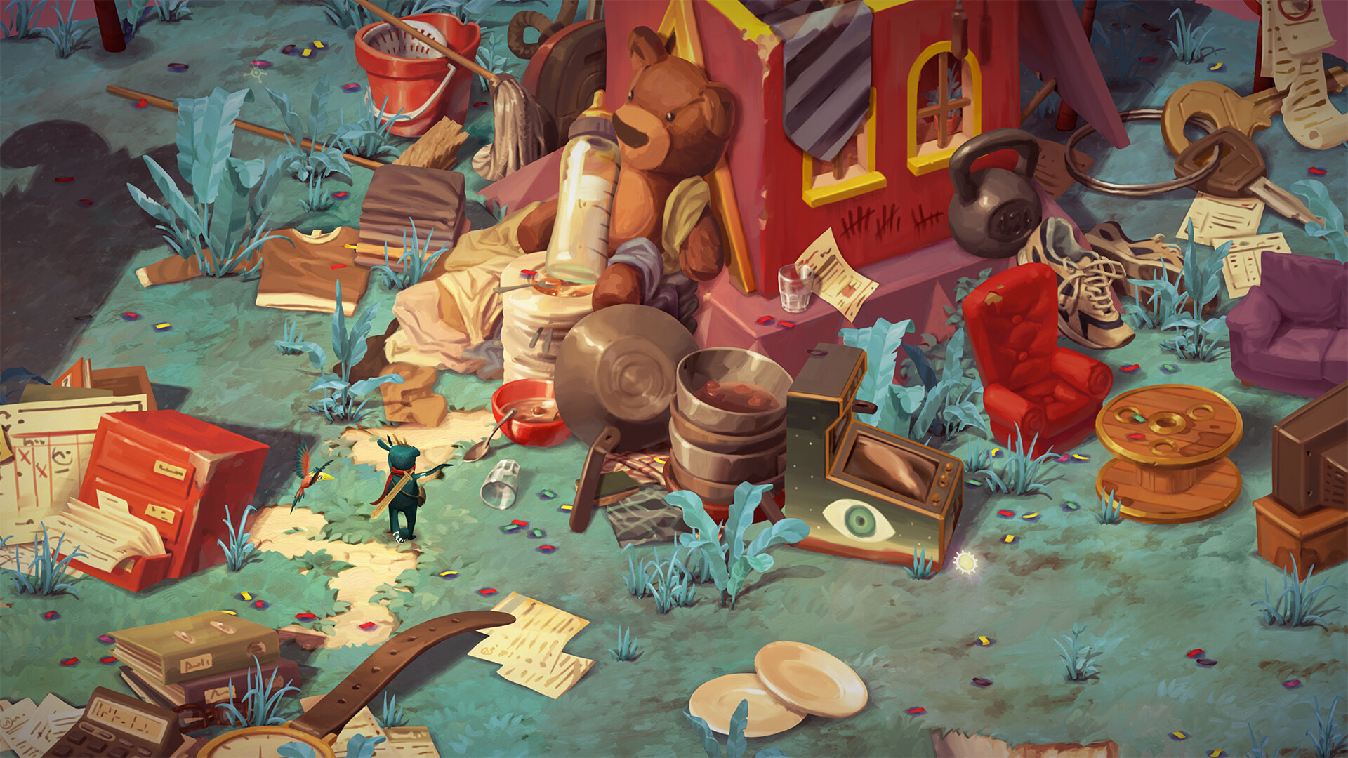 Dusty and Piper explore a cluttered landscape of household objects.